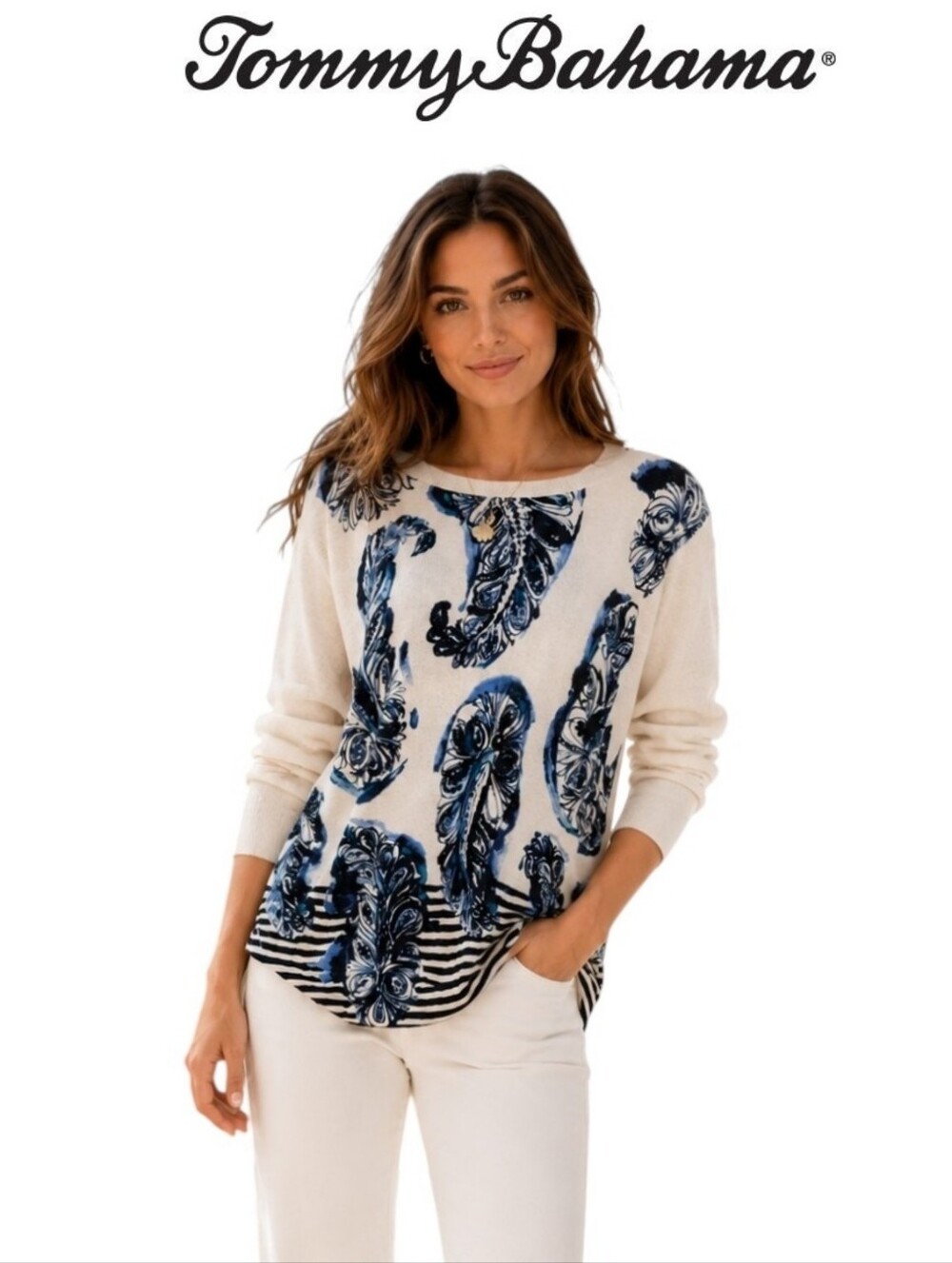 NWT Tommy Bahama Pyrmont Paisley Pullover long-sleeve Ocean Blue Sweater XL